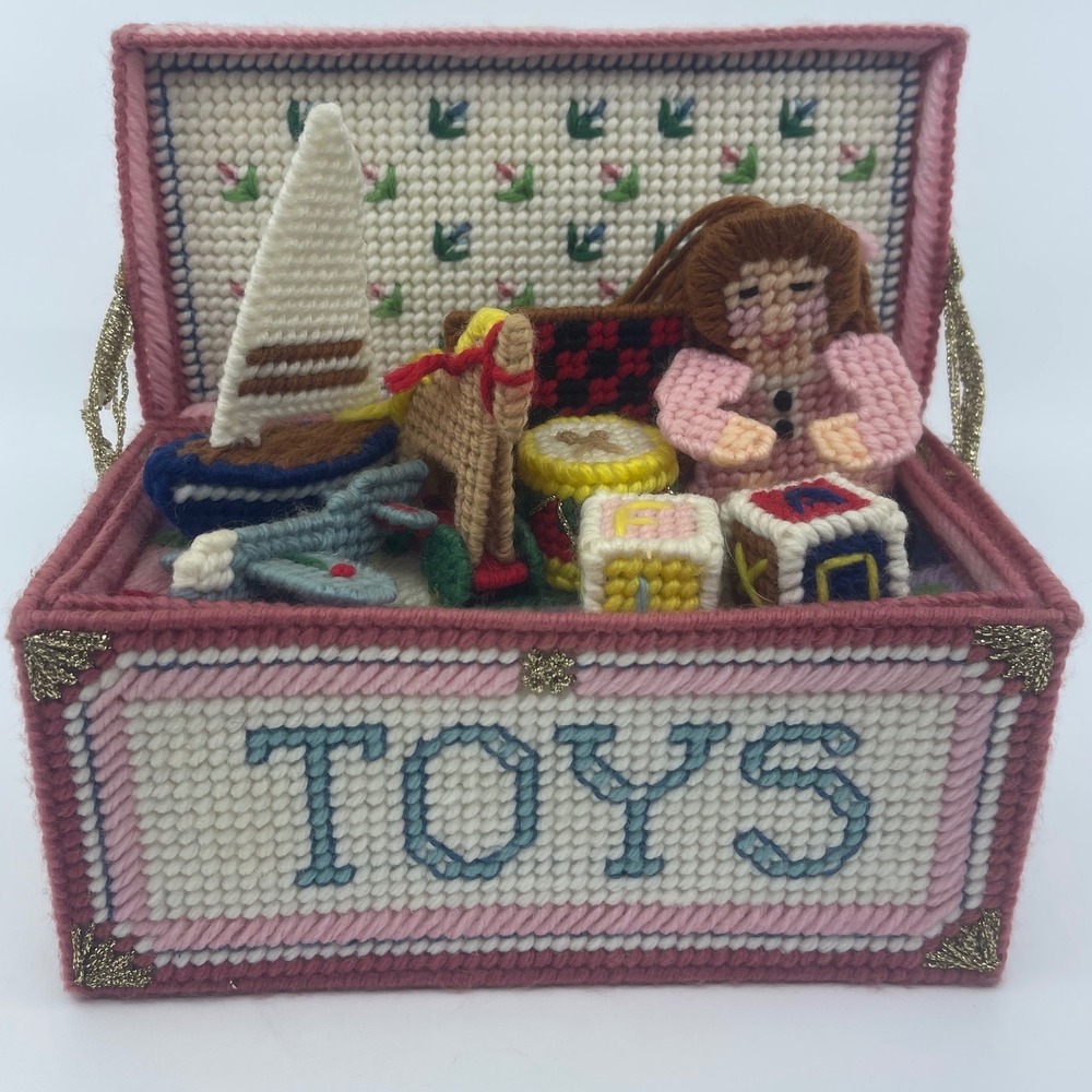 Handmade Needlepoint Toy Chest with Miniature‎ Toys plastic canvas trinket box